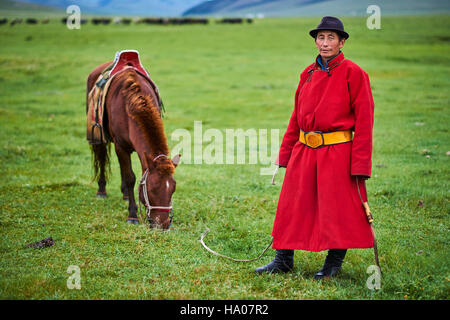 Mongolei, Provinz Arkhangai, mongolische Horserider in der steppe Stockfoto