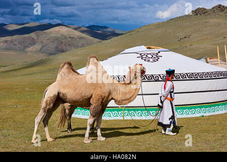 Mongolei, Uvs Provinz, westlichen Mongolei, Nomadencamp in der steppe Stockfoto