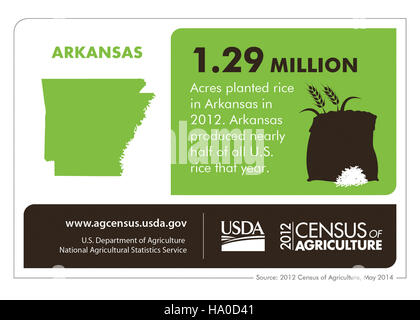 Diese Infografik des USDA stellt wichtige landwirtschaftliche und ökologische Statistiken für Arkansas vor und gibt Einblicke in die landwirtschaftlichen Praktiken und die ökologischen Auswirkungen des Bundesstaates. Stockfoto