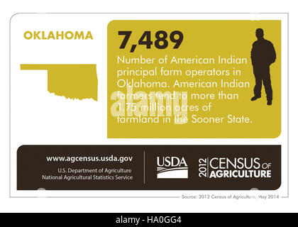 Eine Infografik des USDA zeigt wichtige Agrardaten und Trends in Oklahoma. Sie hebt wichtige landwirtschaftliche Praktiken, die Pflanzenproduktion und die Nachhaltigkeitsbemühungen hervor, die auf die Unterstützung der staatlichen Agrarwirtschaft abzielen. Stockfoto