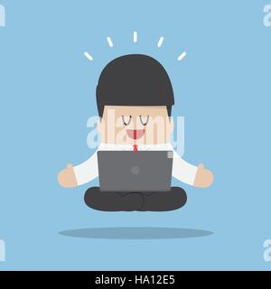 Geschäftsmann meditieren bei der Arbeit mit Laptop und schweben in Yogaposition, entspannen, Meditation und Entspannung-Konzept Stock Vektor