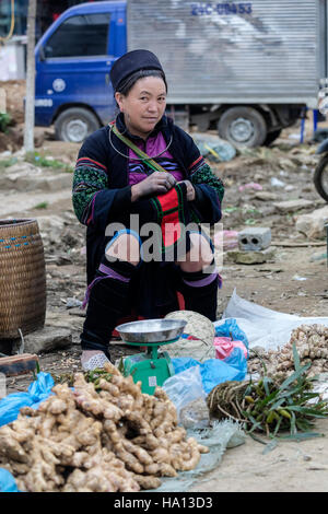 Black Hmong Frau Nähen während warten auf Kunden und Verkauf von Ingwer auf dem lokalen Markt in Sapa, Vietnam, Asien Stockfoto
