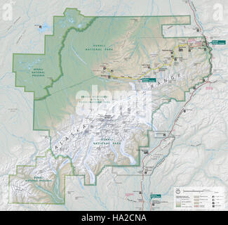 Die Denali Park Map aus dem Jahr 2011 bietet einen Überblick über den Denali National Park und zeigt wichtige Sehenswürdigkeiten, Wanderwege und natürliche Besonderheiten in diesem berühmten Alaska Park. Stockfoto