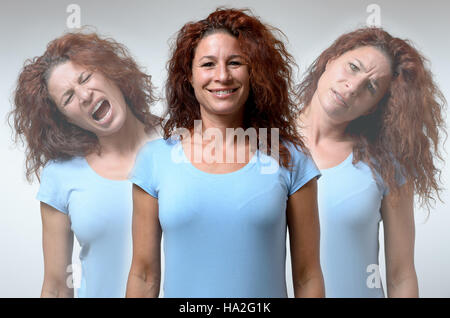 Vorderansicht auf drei Versionen von Frau Wechsel von Stimmungen der Verwirrung, Wut und Freude Stockfoto