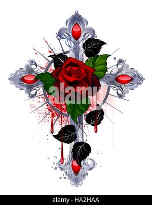 silbernes Kreuz mit einem roten Rose und Schwarz lässt sich auf einem weißen Hintergrund. Stock Vektor