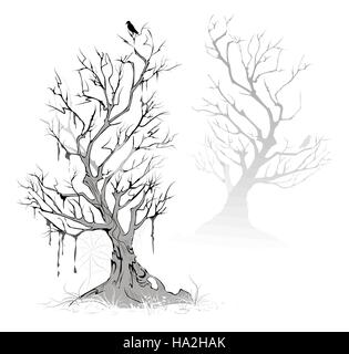 Zwei künstlerische gemalt, tot, getrocknete Baum in einem nebligen, erschreckende Sumpfgebiet. Stock Vektor