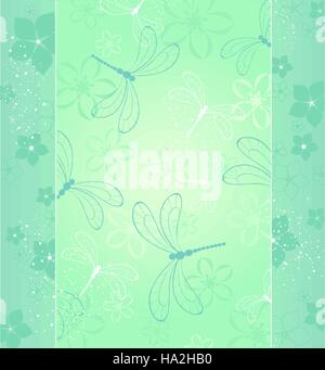 schönes Design mit stilisierten Libellen und Blumen auf hellgrünem Hintergrund. Stock Vektor