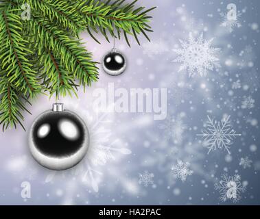 Weihnachten Hintergrund mit Schneeflocken; Tanne Baum Ast und Silber Glaskugeln, Weihnachtsdekoration Stock Vektor