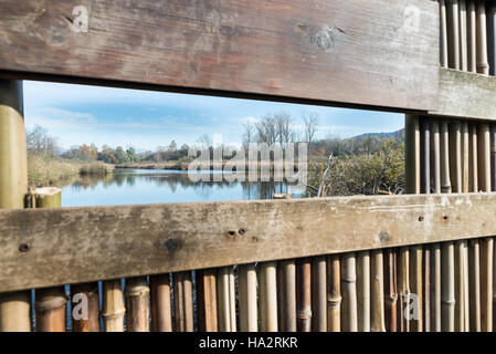 Naturschutzgebiet Palude Marsh, Provinz Varese, Italien, durch eine Abschirmung Barriere zur Vogelbeobachtung auf einer naturalistischen route Stockfoto