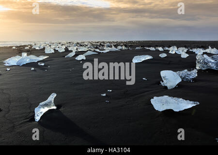 Eisberge auf einem schwarzen vulkanischen Sandstrand neben der Jökulsárlón Eisberg Lagune im Vatnajökull-Nationalpark, Island Stockfoto