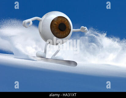braune Augapfel mit Armen und Beinen, die tut, Snowboard, 3d illustration Stockfoto