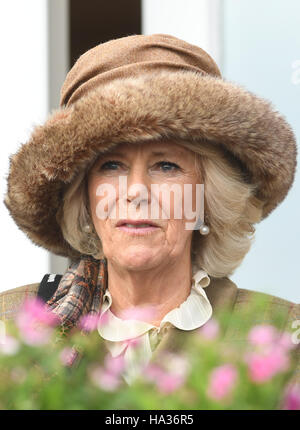 Die Herzogin von Cornwall besucht den 60. Betrieb des Hennessy Gold Cup in Newbury Racecourse in Newbury. Stockfoto