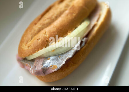 Matjes-Brötchen. Frischer Hering Brötchen mit einer Scheibe Zwiebel. Stockfoto