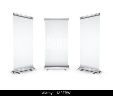 Drei leere Roll-Up Banner mit Schatten auf weiß Stock Vektor