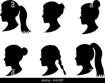 Satz von schwarze Silhouette Mädchen Kopf mit verschiedenen Frisur: Tail, Pferdeschwanz, Brötchen, Zopf Frisur. Junge Frauen Gesicht im Profil mit langen Haaren. Isoliert auf weißem Hintergrund. Vektor-illustration Stock Vektor