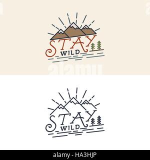 Bleiben Sie Wild campen Kind alte Schule handgezeichneten t Shirt Druck Bekleidung Grafiken. Retro-typographischen individuelles Angebot Design. Struktureffekt Stempel. Vintage mo Stock Vektor