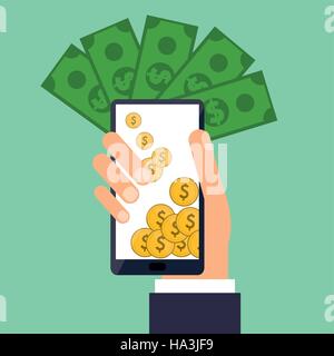 Hand hält Smartphone Münzen Rechnungen dollar Stock Vektor