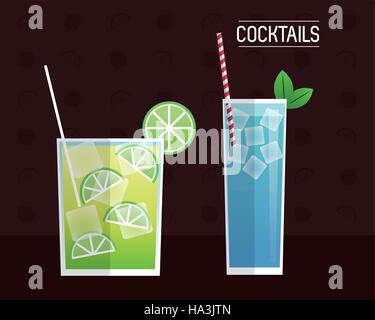 blaue Cocktails und Mimosen schwarzen Hintergrund Stock Vektor