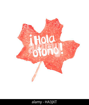 Hola Otono heißt "Hallo Herbst" im spanischen Aquarell handgezeichnete Schriftzug und Herbst farbige Ahornblatt Stockfoto