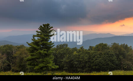 Einen stimmungsvollen Sonnenuntergang über den Wald und sanften Hügeln des Shenandoah National Park Stockfoto