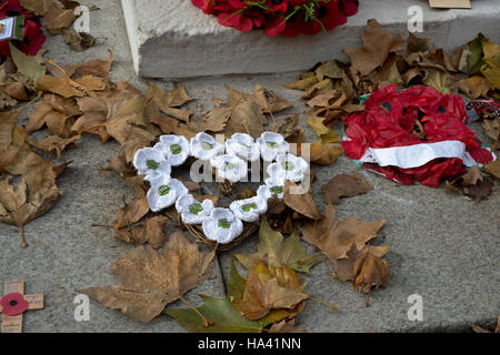 Volkstrauertag am Ehrenmal. Kranz aus gestrickten Frieden Mohn mit abgefallenen Blättern Stockfoto