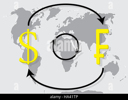 Franken Dollar auf Welt Kartenhintergrund Wechselstube. Wechselkurs und Geldwechsel, Vektor-illustration Stockfoto