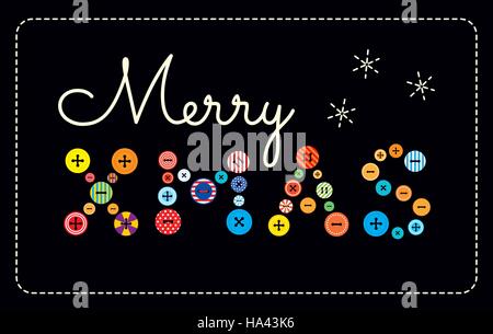 Vektor-Illustration. Gruß "Frohe Weihnachten", geschrieben mit Kleidung Knöpfen und Stickereien. Querformat, schwarzer Hintergrund. Stock Vektor