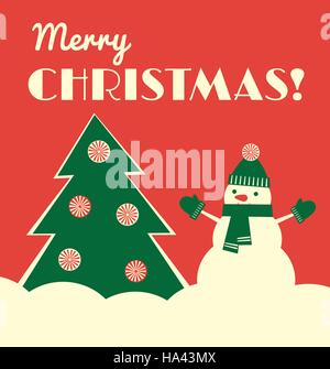 Vektor-Illustration. Retro Stil Grußkarte mit einem Schneemann in einen Hut, Handschuhe und Schal Stand in der Nähe einen Weihnachtsbaum. Roter Hintergrund, quadratische form Stock Vektor