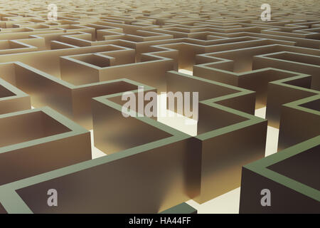 3D Abbildung gold Labyrinth, komplexe Konzept zur Problemlösung. Stockfoto