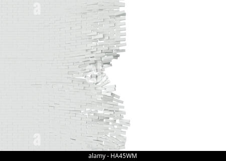 Zerstörung der weißen Wand mit leeren Text. 3D illustration Stockfoto