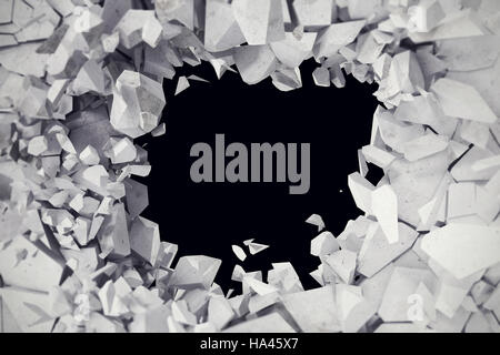 Rendern, Explosion, geknackt, Betonwand, Einschussloch, Zerstörung, abstrakten Hintergrund. Stockfoto