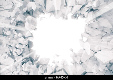Rendern, Explosion, gebrochen, Betonwand, rissige Erde, Einschussloch, Zerstörung, Strahlen, die abstrakter Hintergrund mit Volumenlicht. Stockfoto