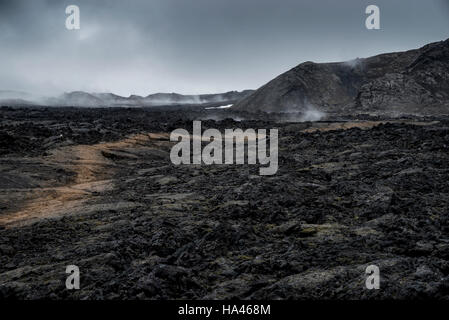 Hellen Pfad durch das Lavafeld schwarzen Raucher in Island Stockfoto