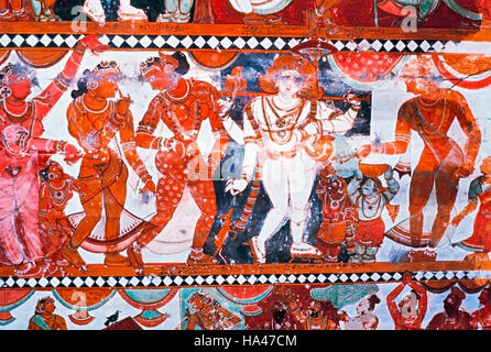 Gemälde der Ehefrauen der Rishis an der Decke des Shiva Kamasundari-Schreines. Sri-Nataraja-Tempel. Chidambaram, Tamilnadu, Indien. Stockfoto