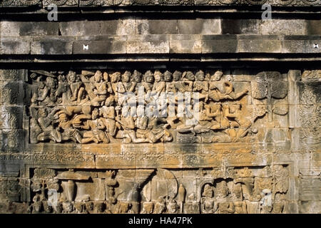 1. Galerie West oberen 6 s. Die große Abfahrt. Borobudur, Indonesien. 9. Jahrhundert Mahayana größten buddhistischen Tempel Stockfoto