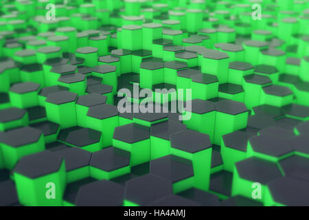Abstrakte futuristische Grünfläche mit Sechsecken. 3D-Rendering Stockfoto