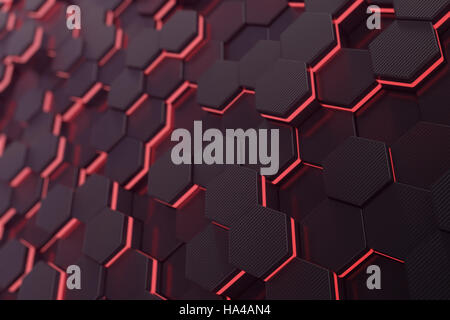 Rot glühende Sechseck futuristische Hintergrund. 3D-Rendering Stockfoto