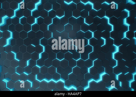 Blaue abstrakte sechseckigen leuchtenden Hintergrund, futuristisches Konzept. 3D-Rendering Stockfoto