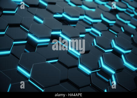 Abstrakt blau leuchtenden futuristische Oberfläche Sechseck-Muster. 3D Rendering Stockfoto