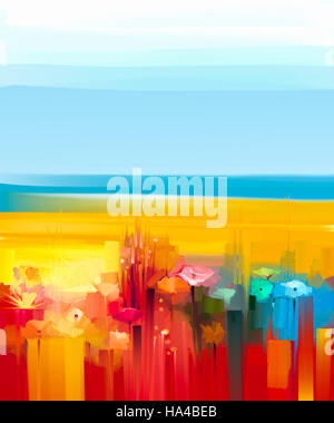Abstrakte Landschaft bunt Ölgemälde auf Leinwand. Semi-abstrakten Bild von Blumen, Wiese und Feld in gelb und rot mit blauem Himmel. Frühling, Sommer Stockfoto