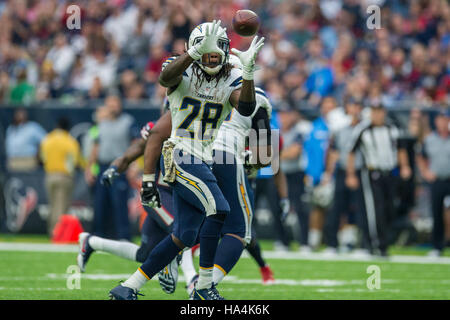 Houston, Texas, USA. 27. November 2016. San Diego Chargers Runningback Melvin Gordon (28) macht einen Haken im 4. Quartal ein NFL-Spiel zwischen den Houston Texans und die San Diego Chargers im NRG-Stadion in Houston, TX am 27. November 2016. Die Ladegeräte gewann das Spiel 21-13. Bildnachweis: Trask Smith/ZUMA Draht/Alamy Live-Nachrichten Stockfoto