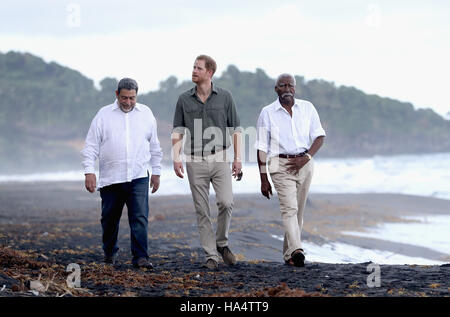 Prinz Harry mit Premierminister Ralph Gonsalves (links) und Landesstatthalter General Frederick Ballantyne bei einem Turtle Conservation Project am Colonarie Beach, Saint Vincent und die Grenadinen, während der zweiten Etappe seiner karibischen Tour. Stockfoto