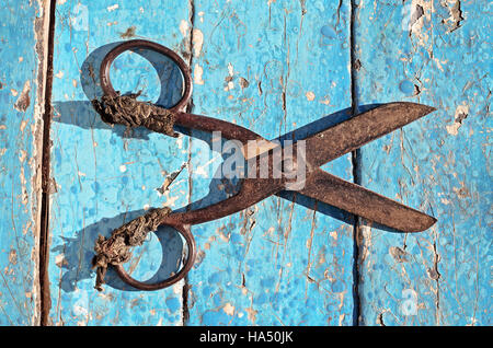 Gartenarbeit Gartenscheren für Schneiden von Ästen auf Vintage Holzbrett Top anzeigen Landwirtschaft Konzept, rostigen Gartengeräten, Gartenschere. Stockfoto