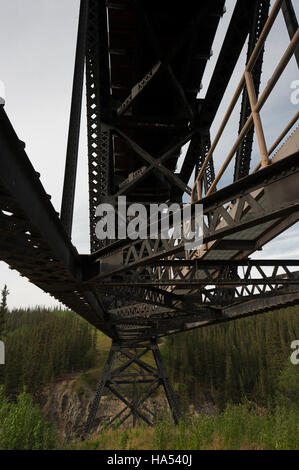 McCarthy Road bietet Zugang zur Wrangell-St. Der Elias-Nationalpark in Alaska ist ein erstklassiges Reiseziel für die Erkundung der rauen Wildnis, der weiten Landschaften und der vielfältigen Tierwelt. Die Straße ist für den Zugang zum Park und Aktivitäten im Freien in einem der größten Nationalparks der USA unerlässlich Stockfoto