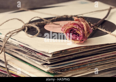 trockener Rose auf einem Stapel von alten Vinyl-Schallplatten im Vintage-Stil Stockfoto