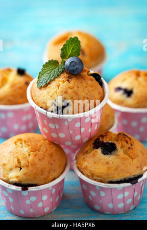 Blaubeer-Muffins in rosa Fällen, frischer Minze auf blauem Hintergrund aus Holz Stockfoto