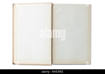 Offene alte Buch mit leeren Seiten isoliert auf weiss Stockfoto