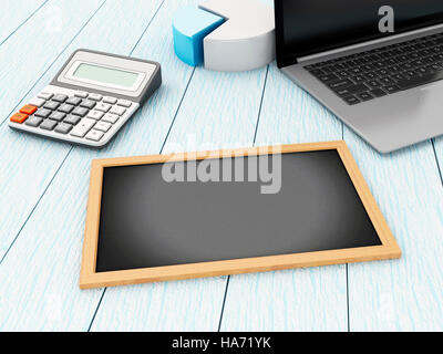 3D Illustration. Tafel, Notebook und Rechner. Business-Konzept. Stockfoto