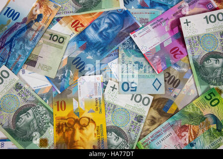 Hintergrund des polnischen Zloty und Schweizer Franken-Banknoten hergestellt Stockfoto