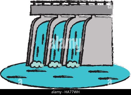 Wasserkraftwerk Pflanze Wasserdamm gezeichnet Stock Vektor